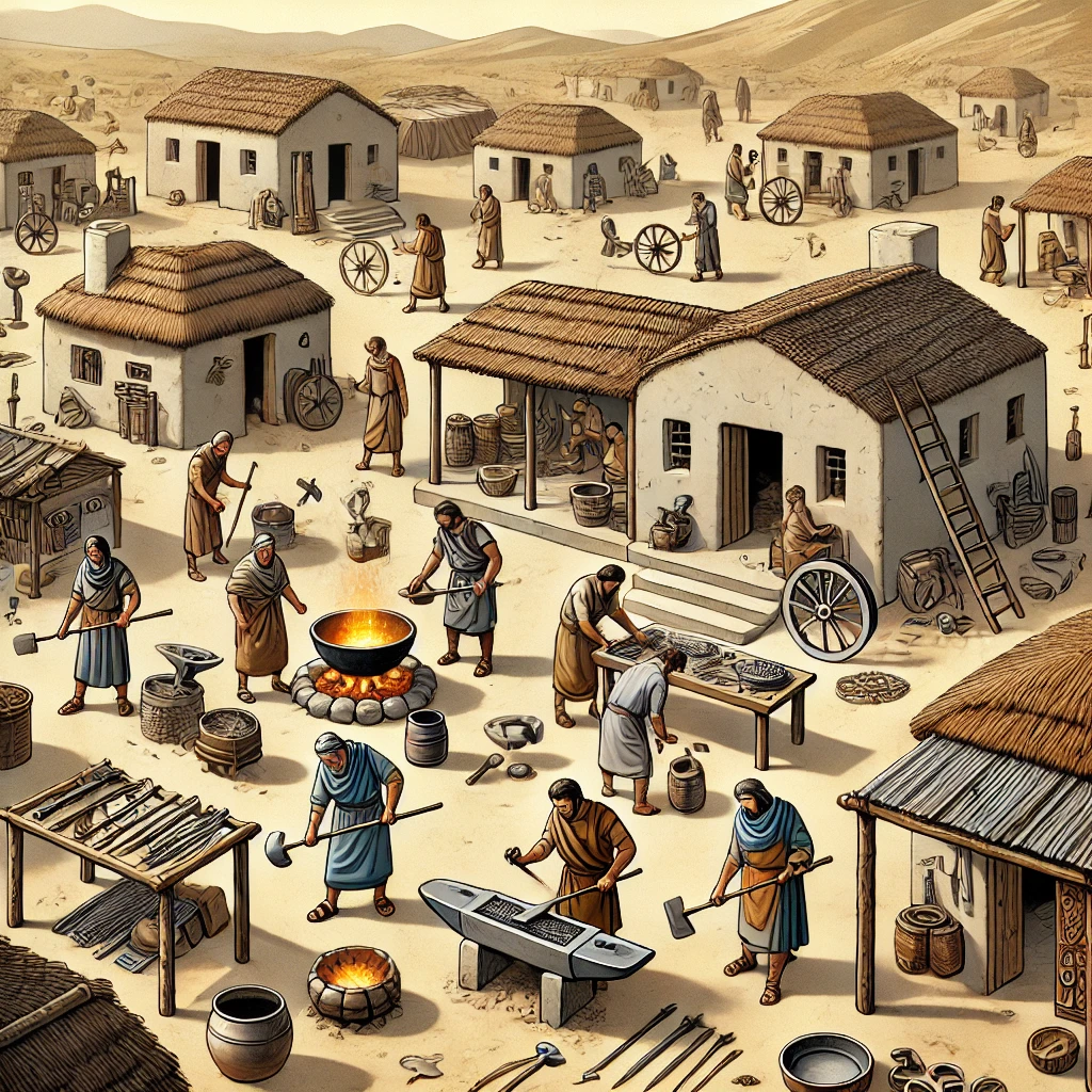 DALL·E 2025-03-08 08.24.57 - An ancient Bronze Age village with people crafting bronze tools and weapons. The scene includes metalworkers smelting copper and tin, farmers using br