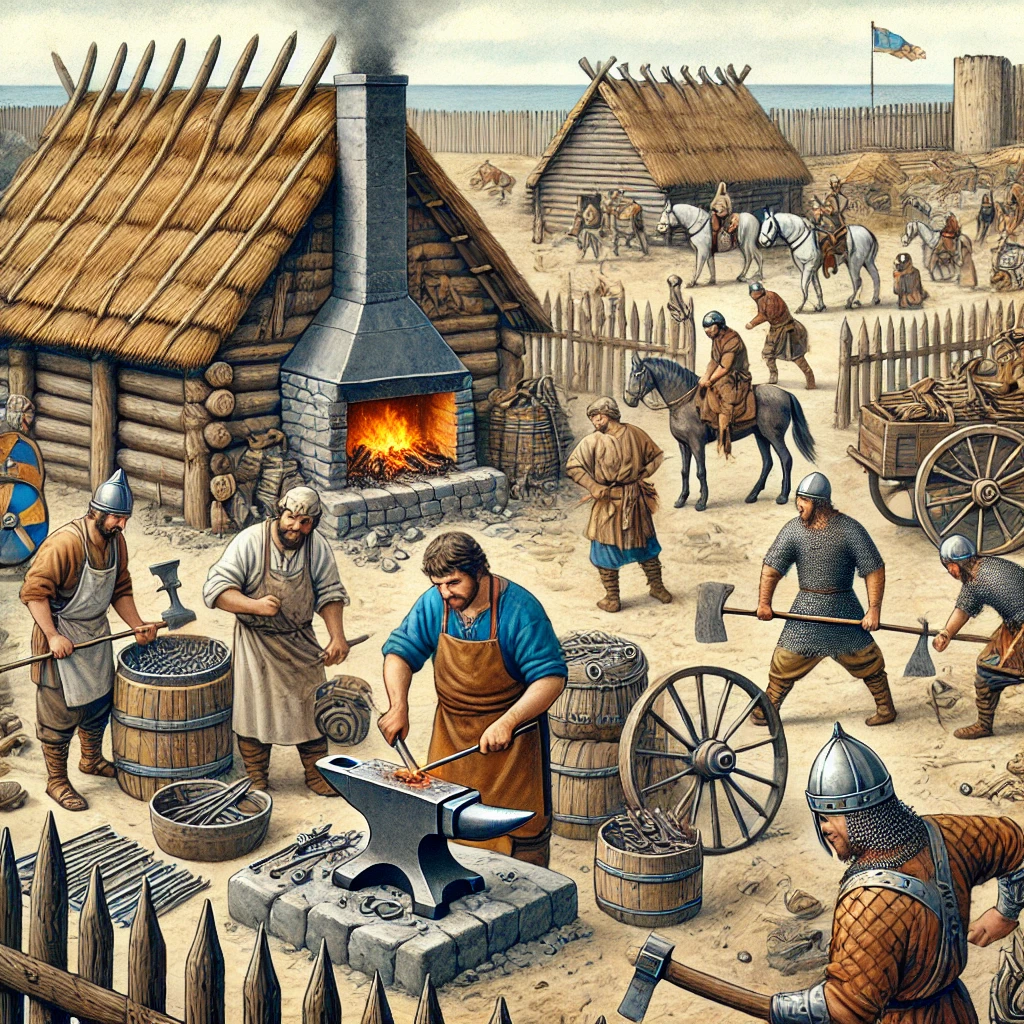 DALL·E 2025-03-08 08.25.04 - An Iron Age settlement with people forging iron tools and weapons. The scene includes a blacksmith working at a forge, warriors preparing iron swords