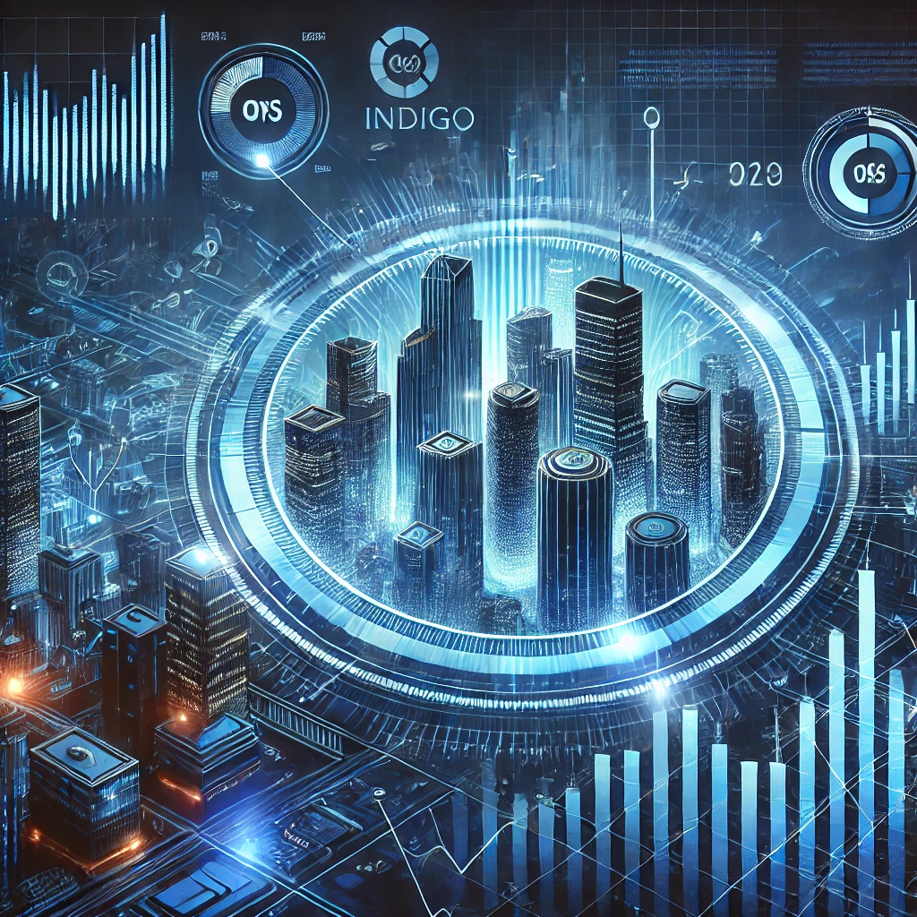 DALL·E 2025-03-08 14.32.45 - A futuristic digital illustration representing Indigo Blue Chip Stocks. The image features a deep indigo blue color scheme with glowing stock market c indigo blue chip