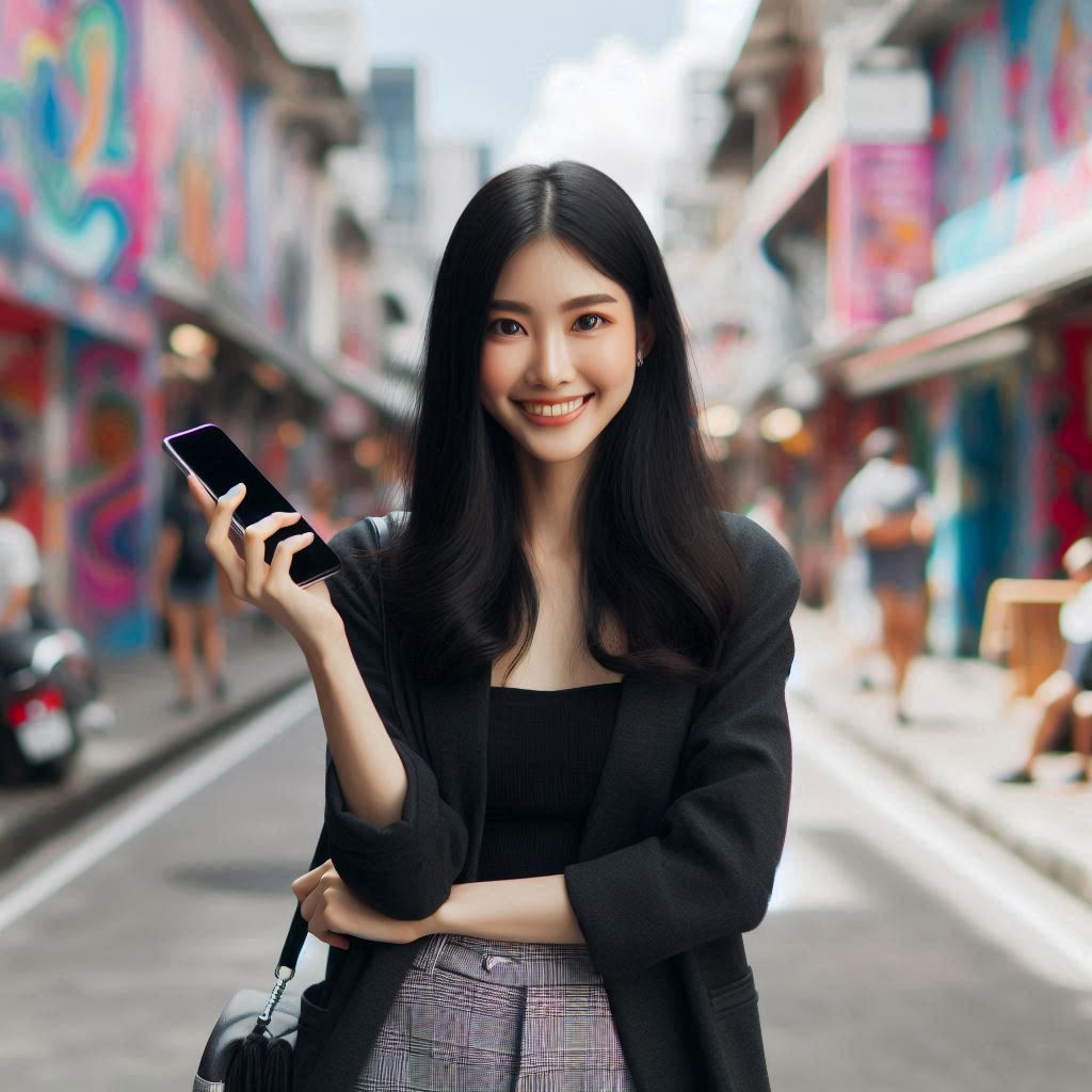 a single girl full body with an iPhone iphone 17 pro max