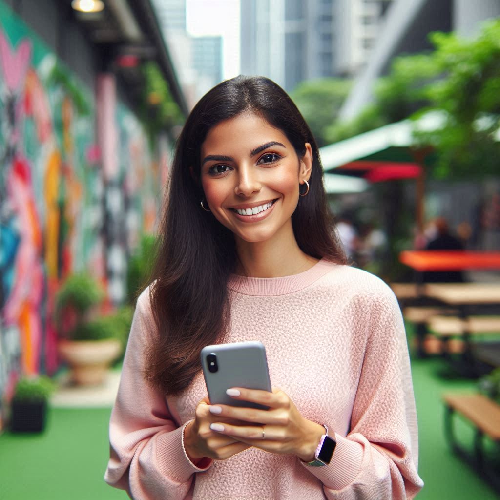 a single girl full body with iphone iphone 16 pro max